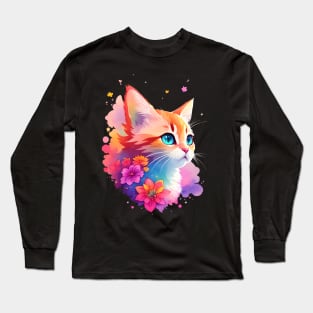 Colorful Watercolor Cute Cat Long Sleeve T-Shirt